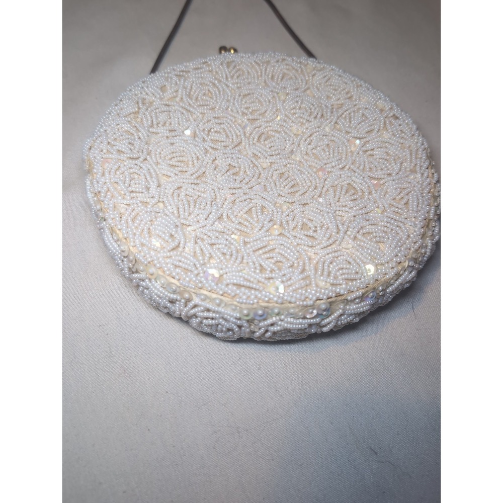Vintage White Hand-Beaded Clutch Evening Bag W/ Clasp Handmade in Hong Kong 7" - Picture 2 of 11